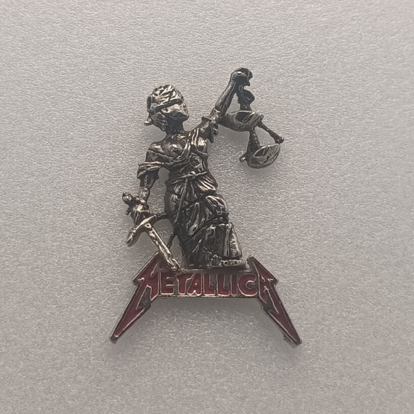 Justice Pewter Pin With Red Logo