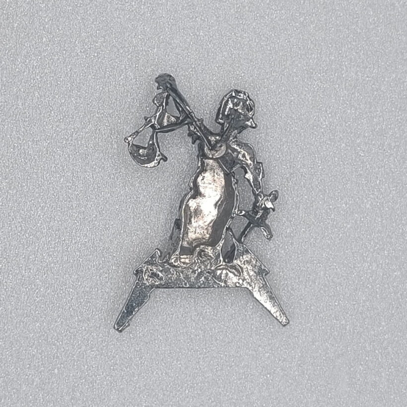 Back of Justice Pewter Pin With Red Logo Back of Justice Pewter Pin With Red Logo